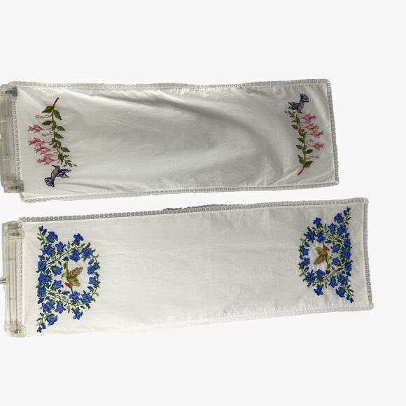 Two Hummingbird Floral Embroidered Table Runners White Cotton Lace Trim - Picture 1 of 10